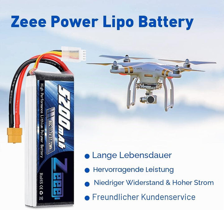 Zeee 3S LiPo Akku 5200mAh 11,1V 80C mit XT60 Steck für RC Auto, RC Flugzeug, RC Hubschrauber, RC Hob