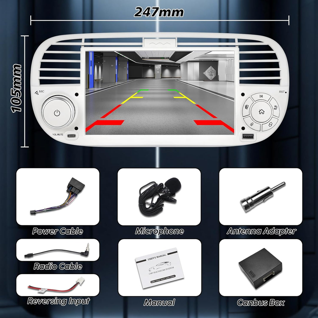 Autoradio mit Bildschirm für FIAT 500 (2007-2015) | Integriertes drahtloses CarPlay & Android Auto |
