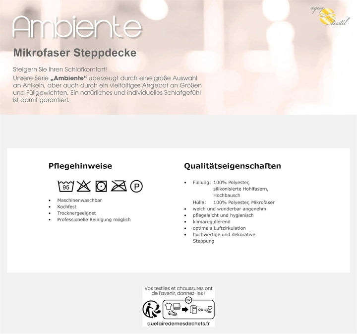aqua-textil Ambiente Ganzjahres Steppbettdecke 200 x 220 cm Mikrofaser Steppdecke atmungsaktiv Winte