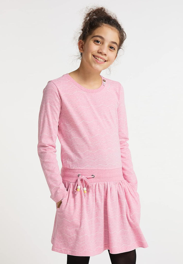 Ragwear Mädchen Kleid langärmelig mit Chevron-Muster, Kordel in der Taille, Taschen, 100% vegan, ide