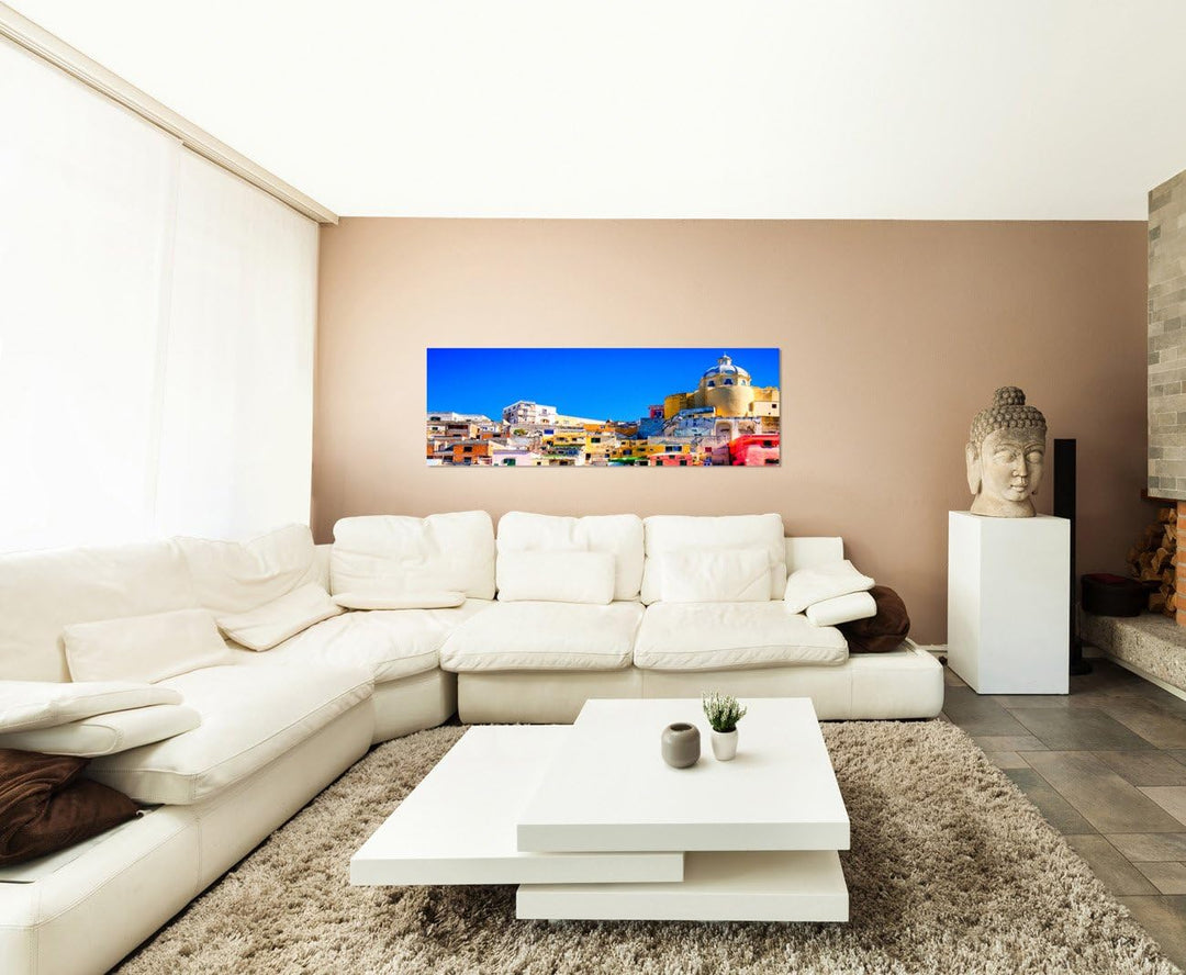 Paul Sinus Art Panoramabild auf Leinwand und Keilrahmen 120x40cm Italien Neapel Häuser Wasser Boote