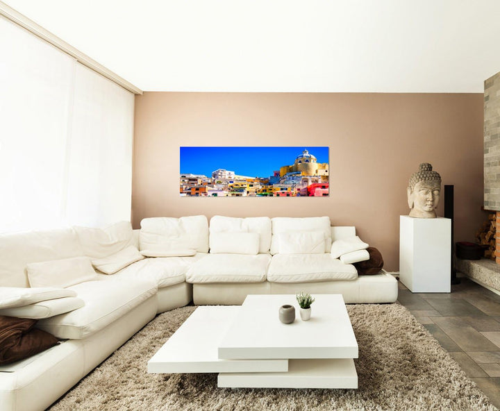 Paul Sinus Art Panoramabild auf Leinwand und Keilrahmen 120x40cm Italien Neapel Häuser Wasser Boote