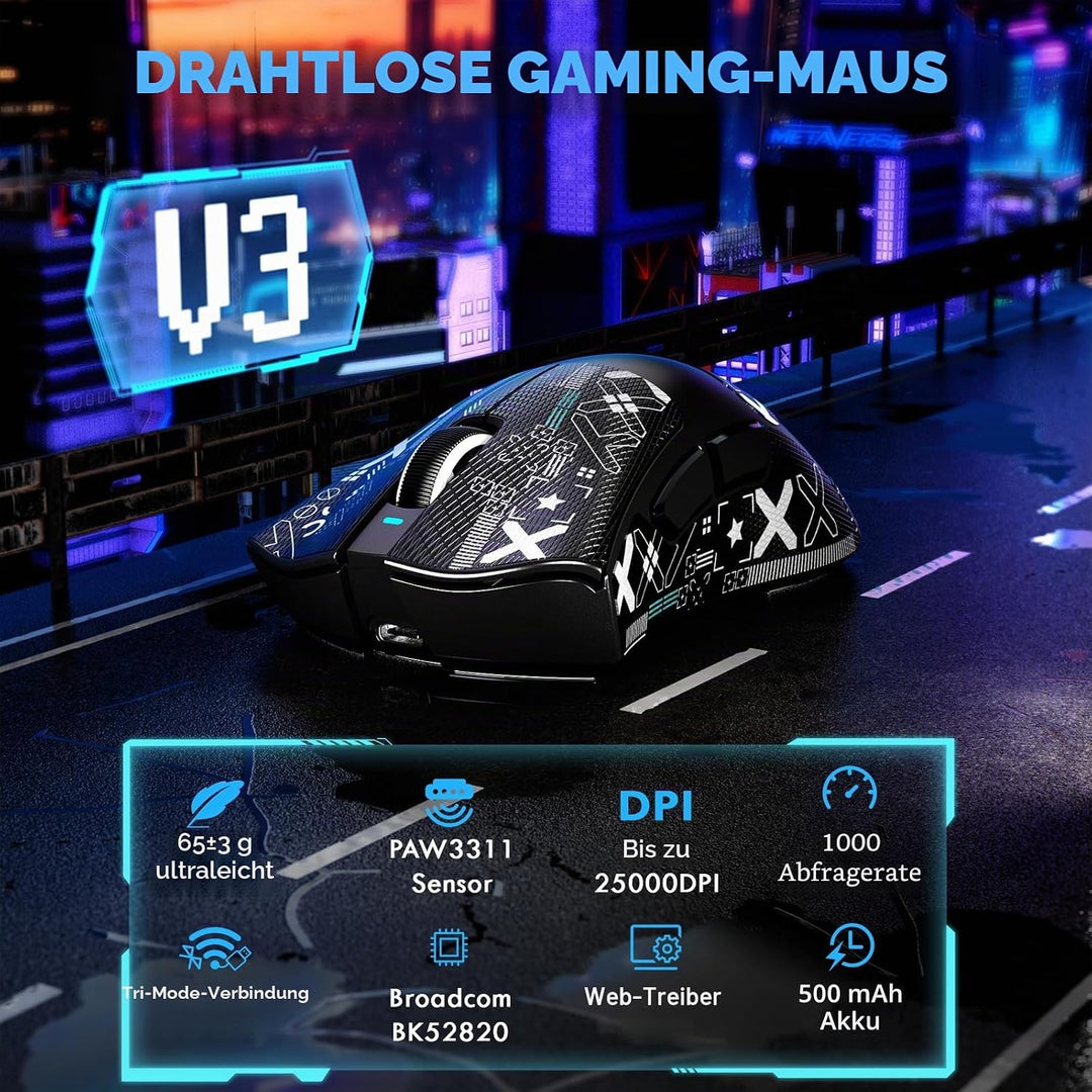 MAMBASNAKE X ATTACKSHARK V3 Kabellose Gaming-Maus mit Band,65g leicht,geteiltes Design für Rechtshän