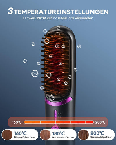 CkeyiN Glättbürste Kabellos, 5200mAh Haarglätter Bürste Kabellose Glättbürste, Mini Glättungsbürste