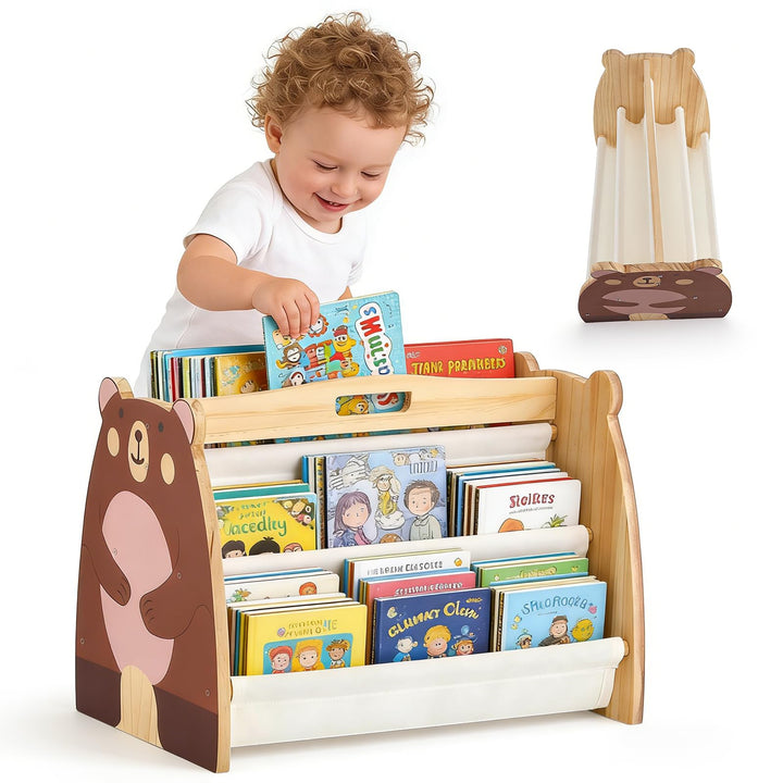 Bücherregal Kinder, Montessori Kinder Buchständer aus Holz mit 4 Ablagen, Kinderregal für Buchaufbew
