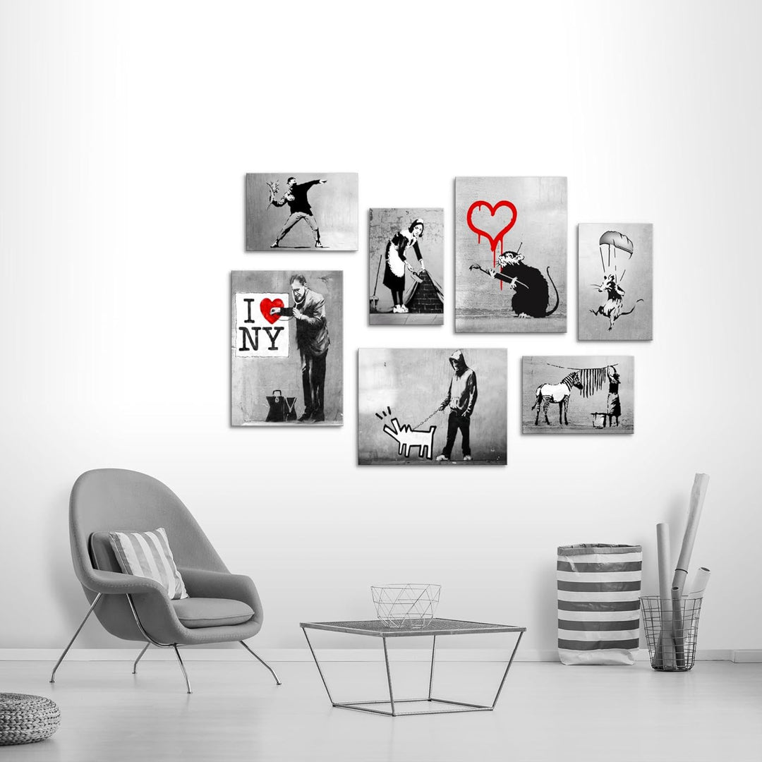 Novart Wandbilder Banksy Collage - KOMPLETT AUFHÄNGFERTIG - Street Art Wohnzimmer Büro- 7 Moderne Mo