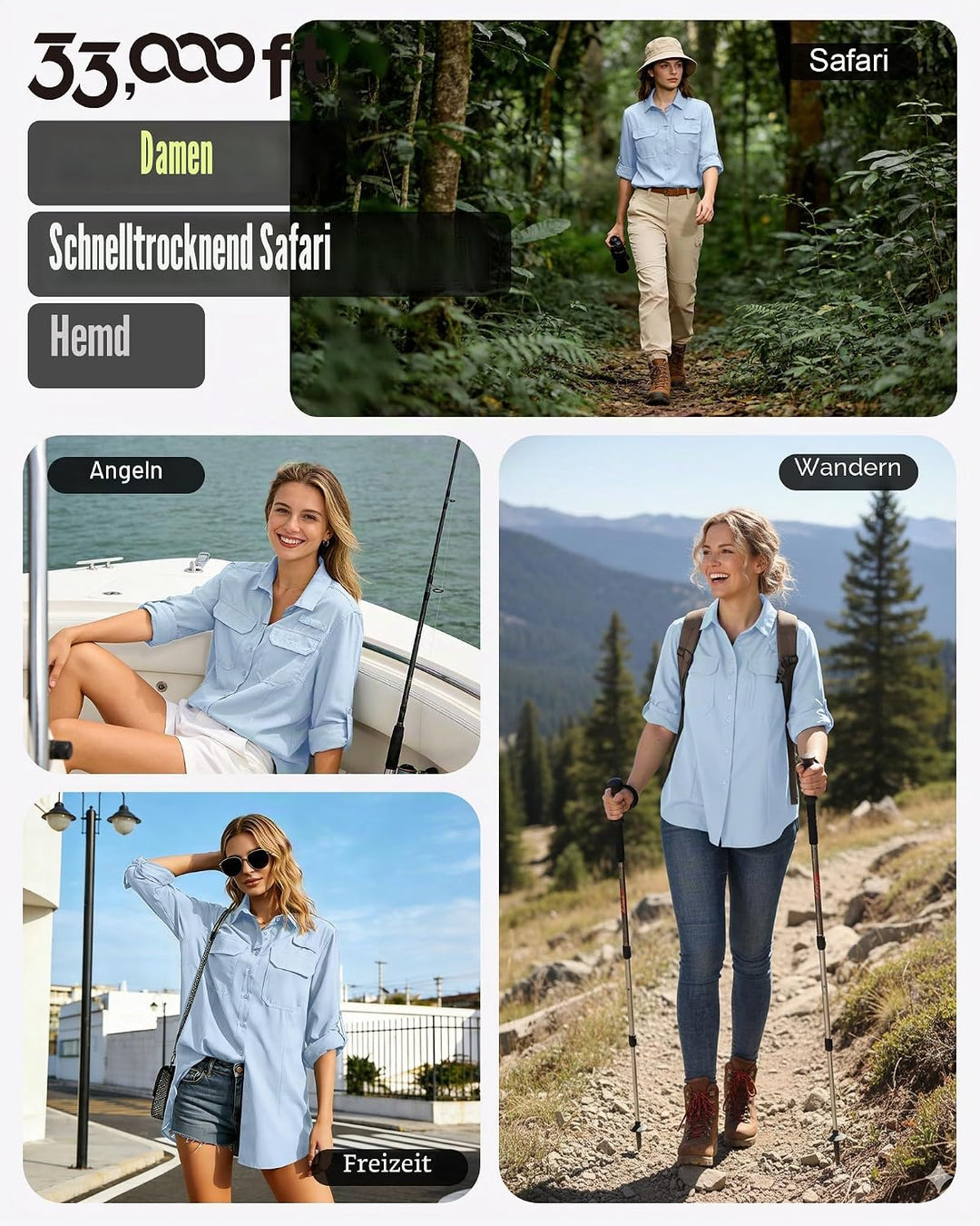 33,000ft Hemdbluse Damen UPF50 UV Schutz Hemd Schnelltrocknende Button-Down Shirts Atmungsaktive Wan