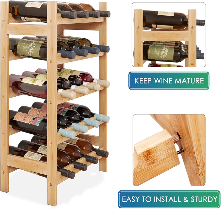 SMIBUY Bambus-Weinregal, 20 Flaschen-Display-Halter, 5-stöckige freistehende Lagerregale für Küche,