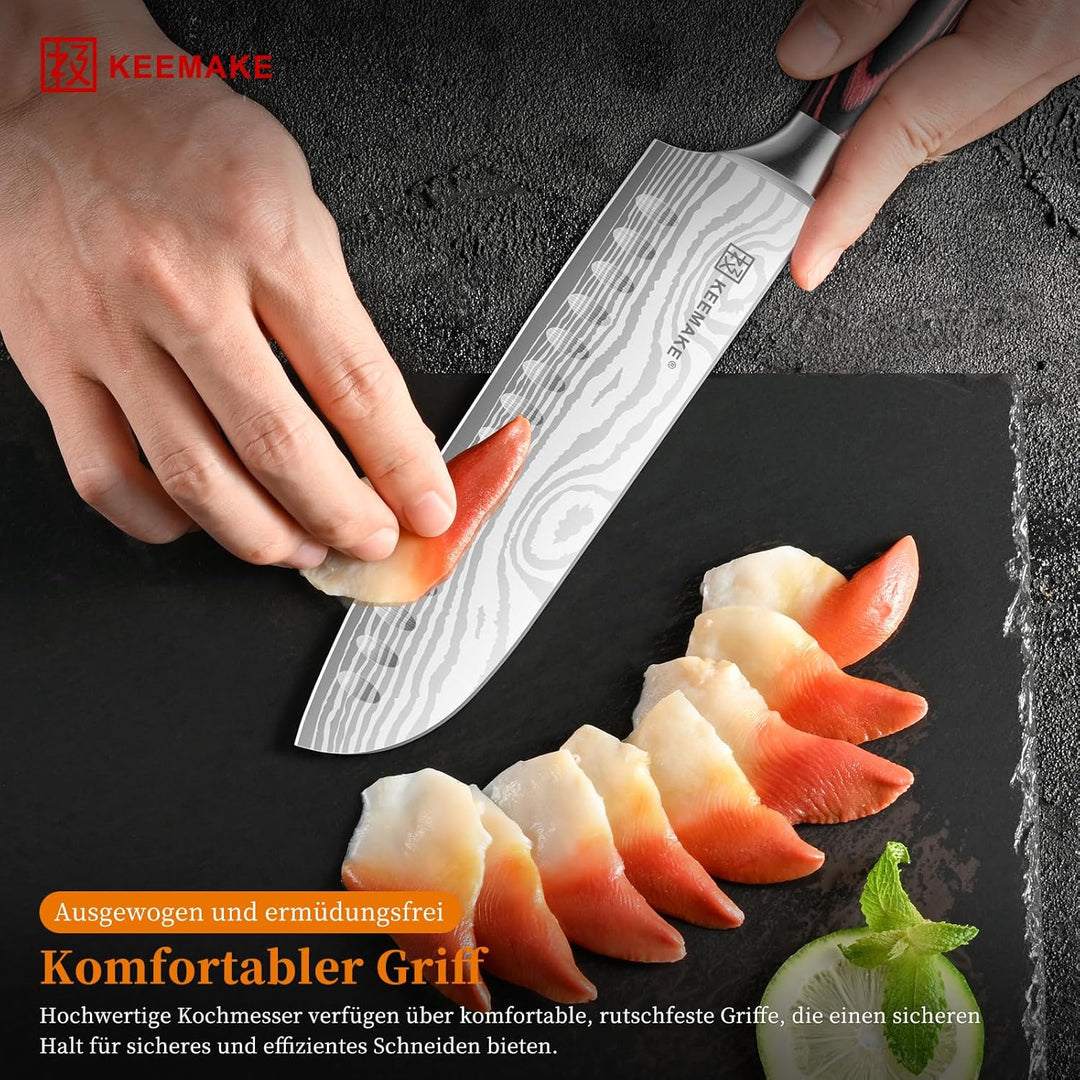 KEEMAKE Küchenmesser Santoku Messer, 18cm Messer Küche Kochmesser aus Edelstahl mit Klingenschutz, S