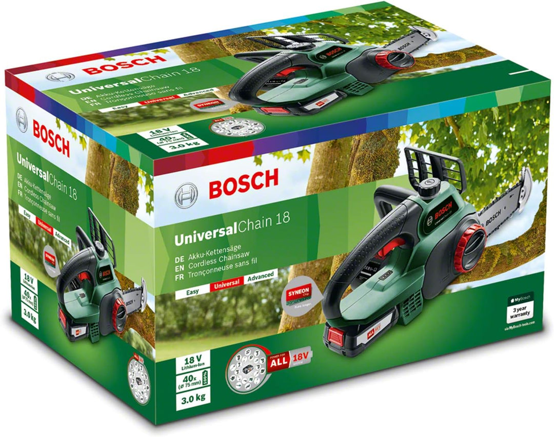 Bosch Home and Garden Akku Kettensäge Universalchain 18 (Grün, 1 Akku, 18 Volt System, im Karton), N