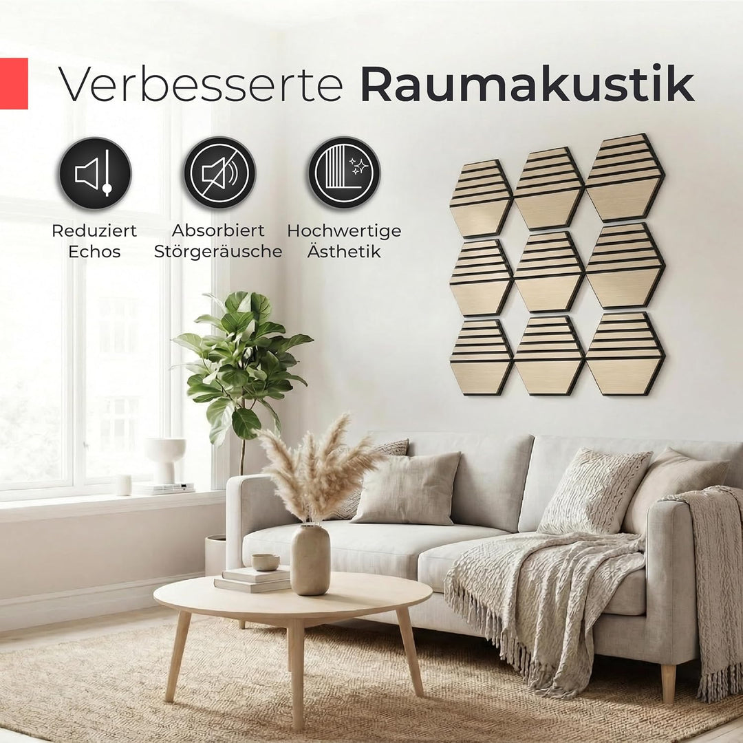 Akustikpaneele Holz selbstklebend – 9er-Set | Echtholz Eiche & Akustikfilz Schwarz | Hexagon 30x26cm