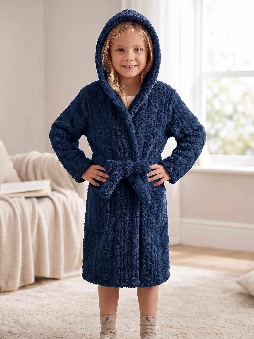 JiAmy Kinder Bademantel mit Kapuze Fleece Morgenmantel für Jungen Mädchen Navyblau 10-12 Jahre, Navy