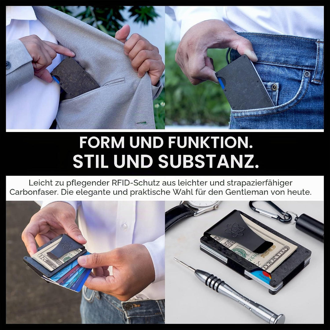 ROSSM Geldbörse Herren mit RFID-Schutz - Kartenetui Herren aus Kohlefaser und Metall mit Geldklammer