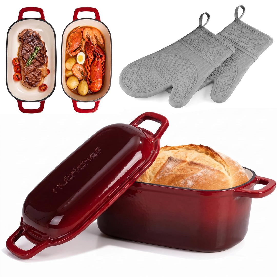 NutriChef Gusseisen Topf - Brotbacktopf - mit Deckel - 25,4 cm ovaler Brottopf mit Silikonhandschuhe