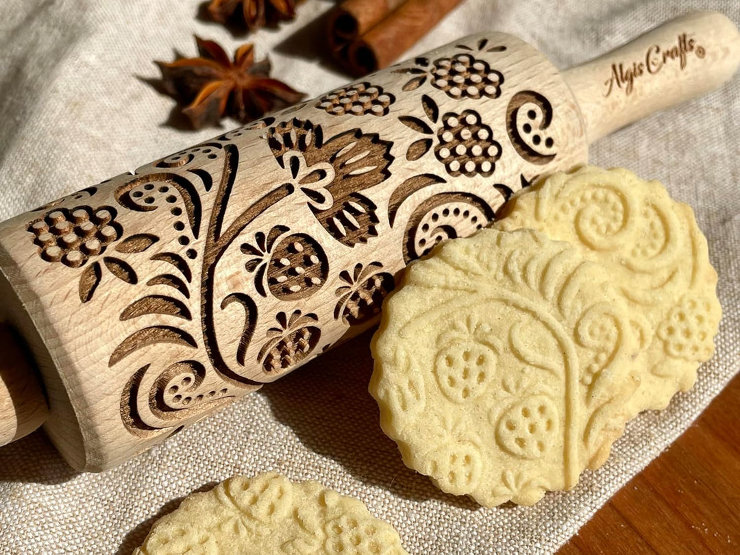 JAHRESZEITEN 3-er SET Kinder Nudelhölzer. Teigrolle mit Frühlingsblumen, Tulpen, Narzissen, Erdbeere