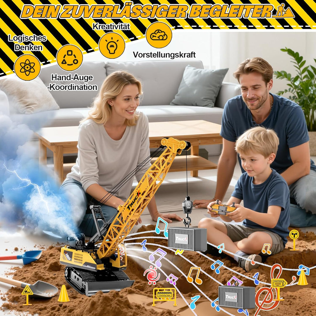 1:16 Kran Ferngesteuert, 13 Kanälen Grosse RC Kranspielzeug mit Schiebeschild Lichter Spray Realisti
