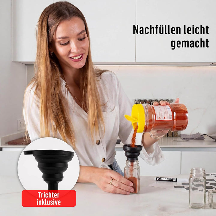 Deco haus® Gewürzgläser eckig mit Schraubkappe 12er Set [+Etiketten &amp; Streueinsatz] - Gewürzdosen Se