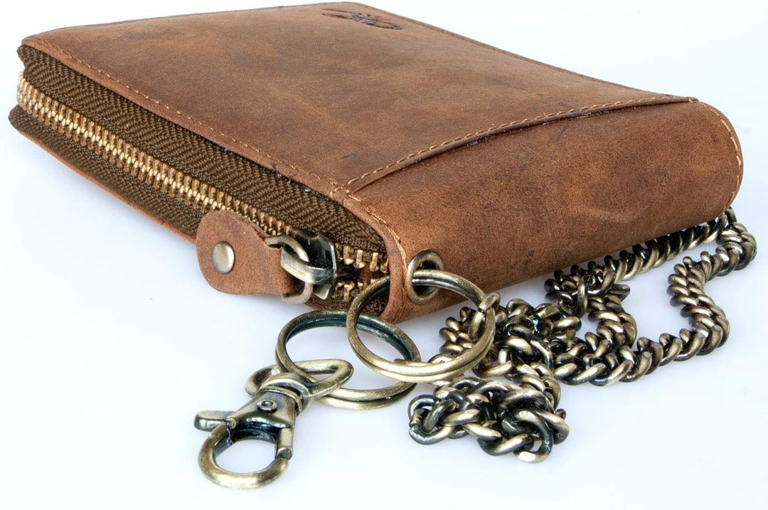 Born to be Wild Herren RFID Geldbörse aus Echtem Naturleder mit einem Skorpion und Metallkette