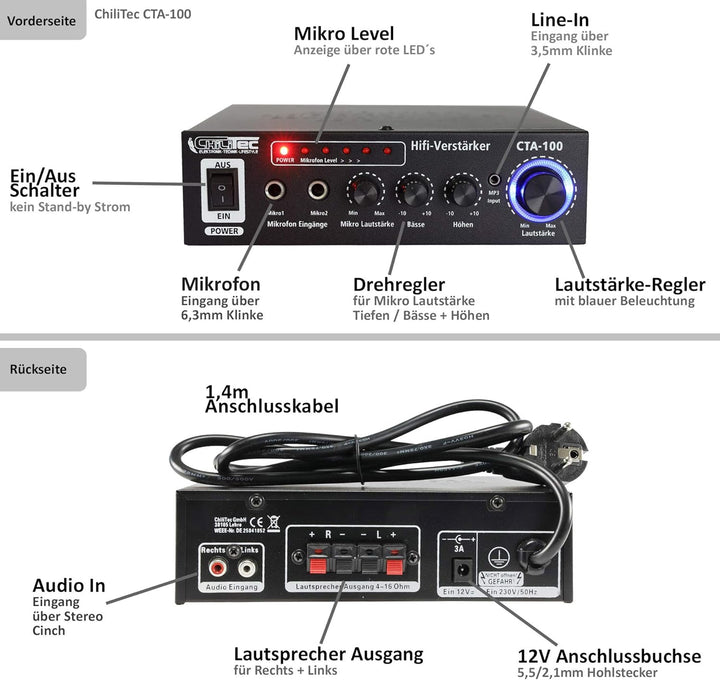 HiFi-Verstärker CTA-100 Cinch Aux In 100 Watt I Stereo 2-Kanal I Mini Endstufe I PC Büro Gaming Schw