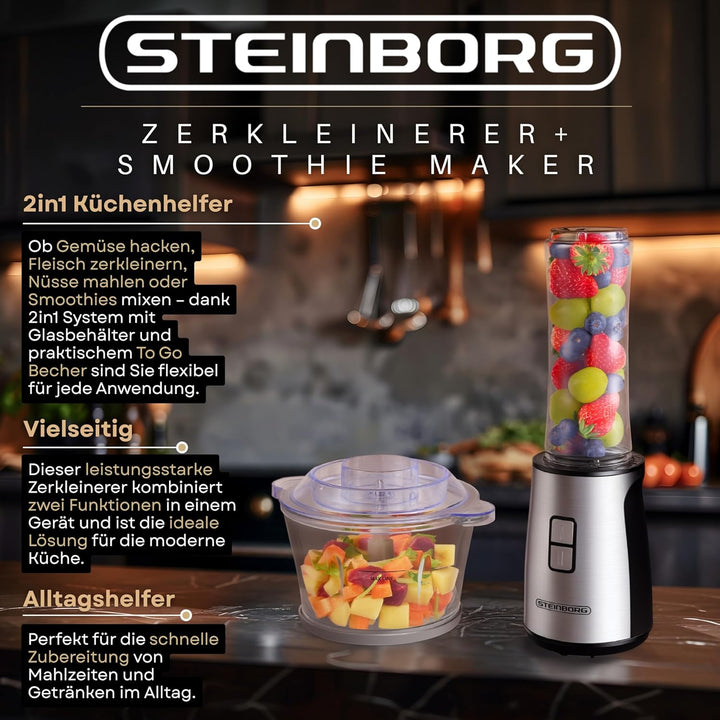 Steinborg® Zerkleinerer 2in1 Standmixer Smoothie Maker To Go Becher, 500W Multizerkleinerer, 2L Glas