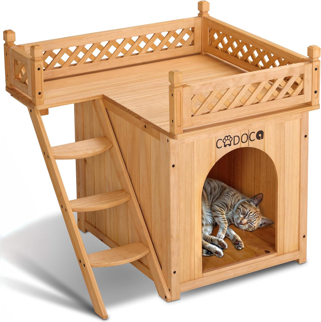 CADOCA® Tierhaus FSC®-Zertifiziert Kiefer 65x55x54cm 2-stöckig Treppe Sonnenterrasse Katzenhaus Katz