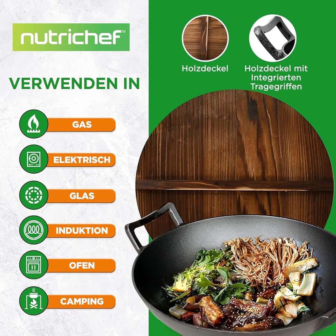 NutriChef Wokpfanne- Ø 30cm, Vorgewürztes- Wok Induktion- mit Holzdeckel | Gusseisenpfanne, Ideal zu