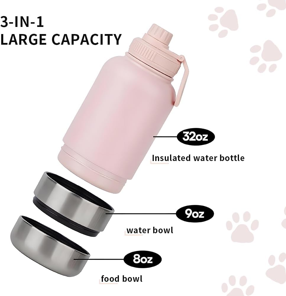 Pets Hundetrinkflasche für Unterwegs, 950ml Isolierte Edelstahl Trinkflasche Hunde mit Futterbehälte