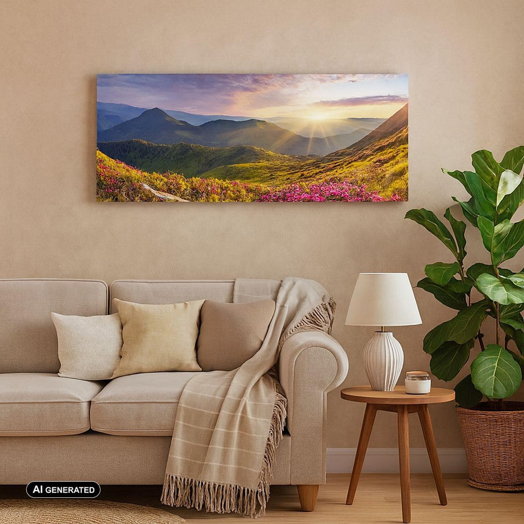 Wandbilder Dekoration Wohnzimmer Gebirge Wiese Landschaft Wald Panorama Bilder auf Leinwand 120x50cm