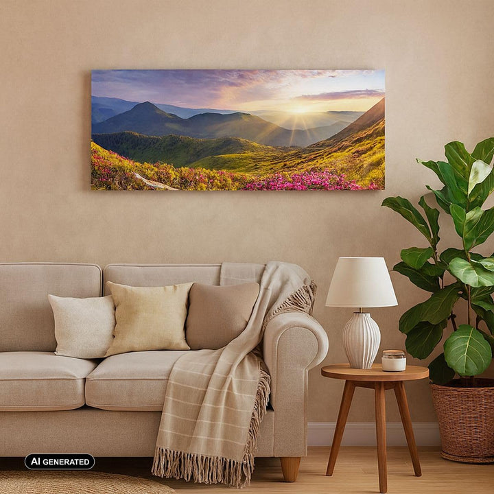Wandbilder Dekoration Wohnzimmer Gebirge Wiese Landschaft Wald Panorama Bilder auf Leinwand 120x50cm
