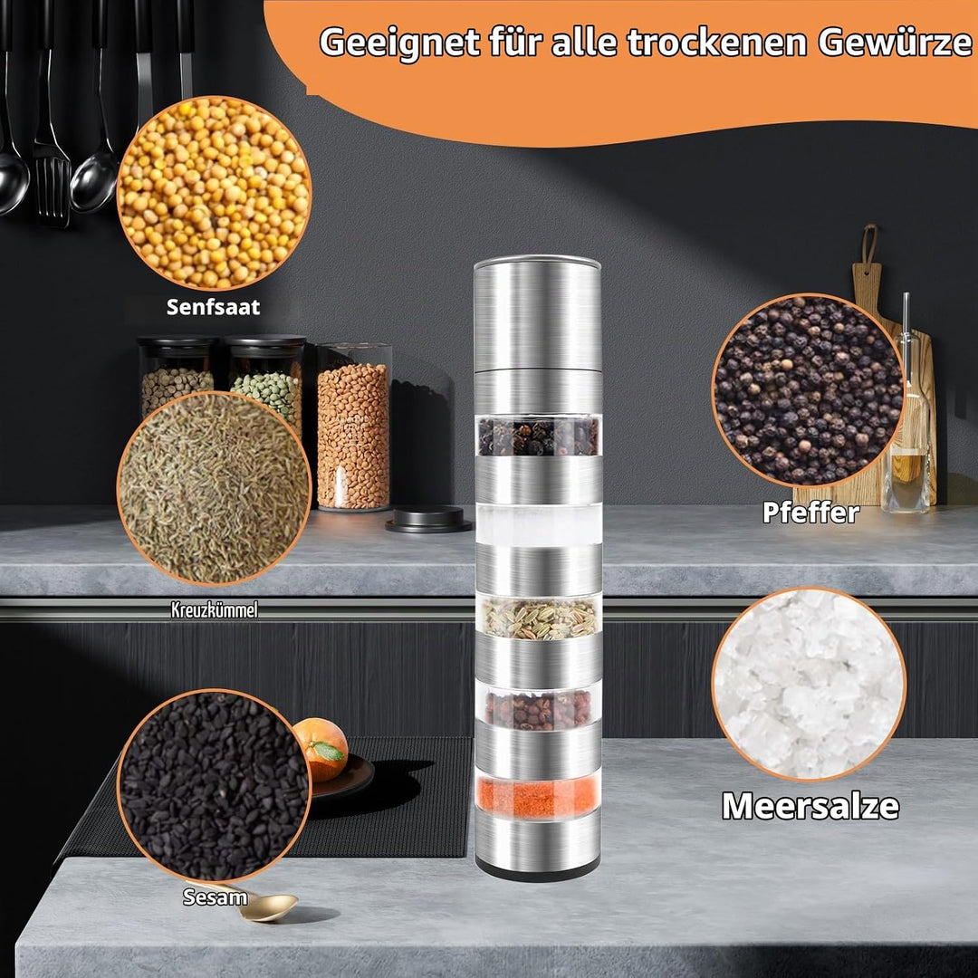5 in 1 Gewürzstreuer, Edelstahl Gewürzmühle Set, Gewürzdosen Mini Gewürzmühle, Chef Mini Salz- und P