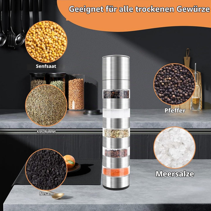 5 in 1 Gewürzstreuer, Edelstahl Gewürzmühle Set, Gewürzdosen Mini Gewürzmühle, Chef Mini Salz- und P