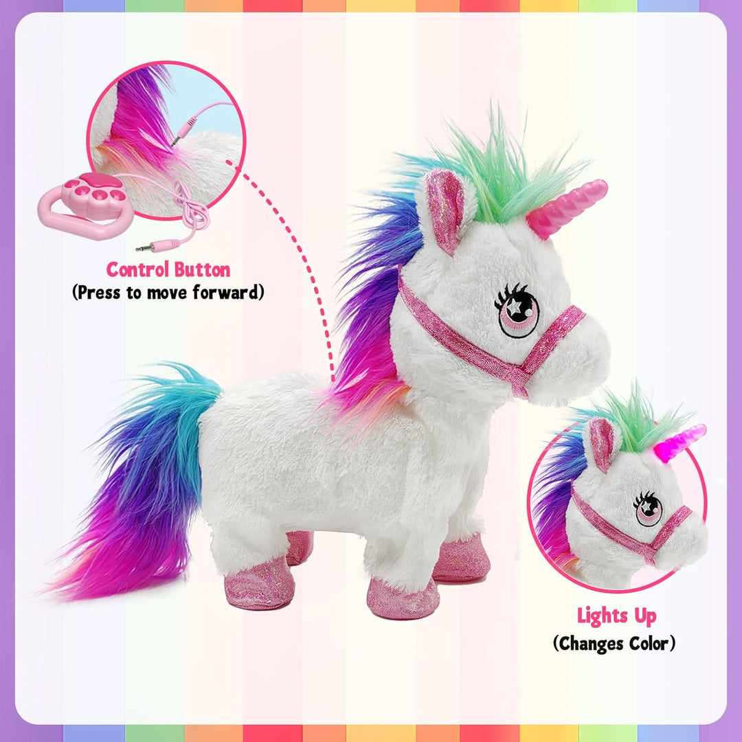 YH YUHUNG Laufendes Einhorn Spielzeug mit Leine, Interaktives Plüschtier Pony mit Licht & Sound, Ele