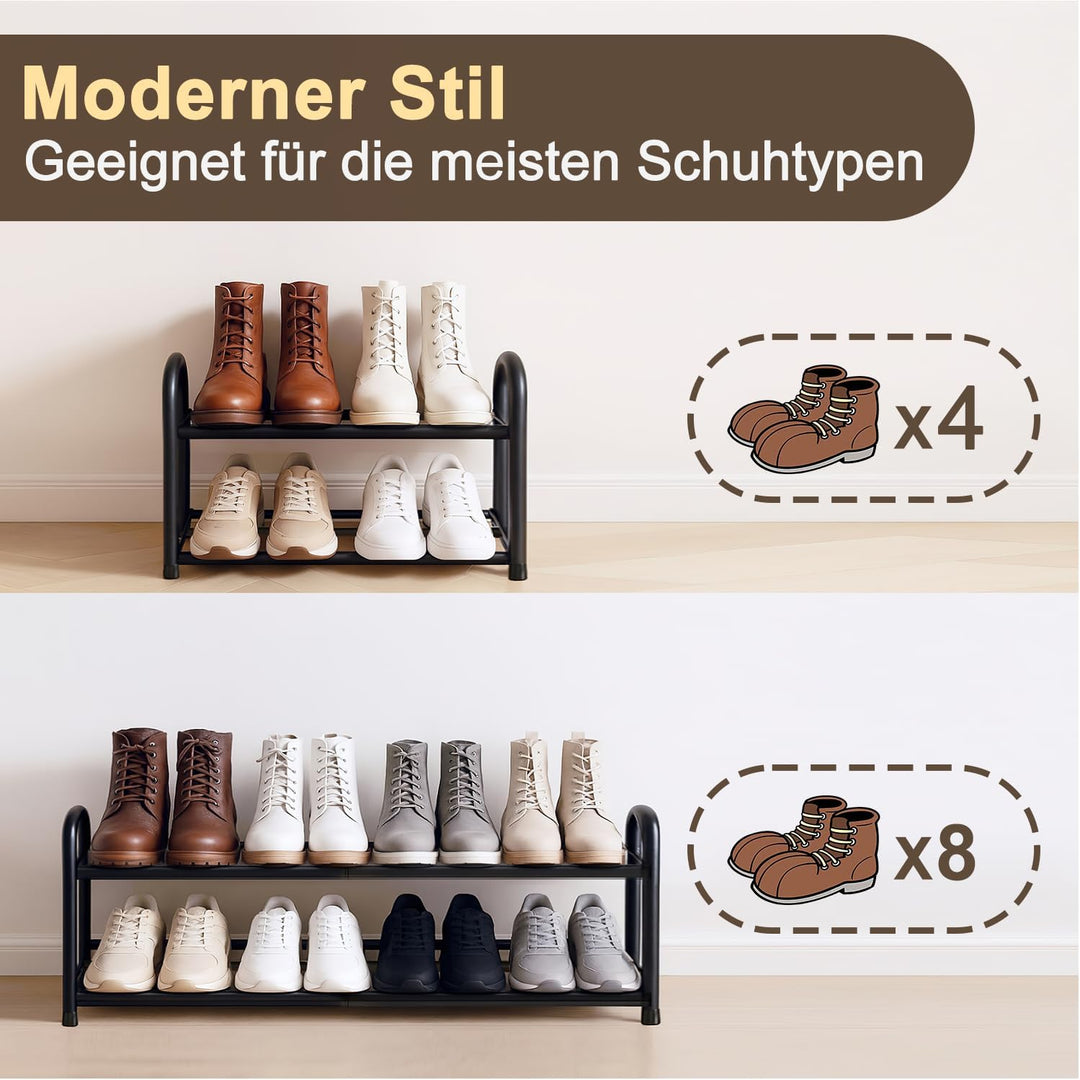 Schuhregal schmal klein ausziehbar 2 Ebenen, Schuhschrank schwarz Metall, Breite 43-78 cm, für Kleid