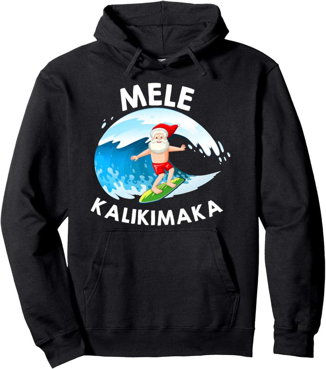Mele Kalikimaka Hawaiian Christmas in July Surfing Santa Pullover Hoodie