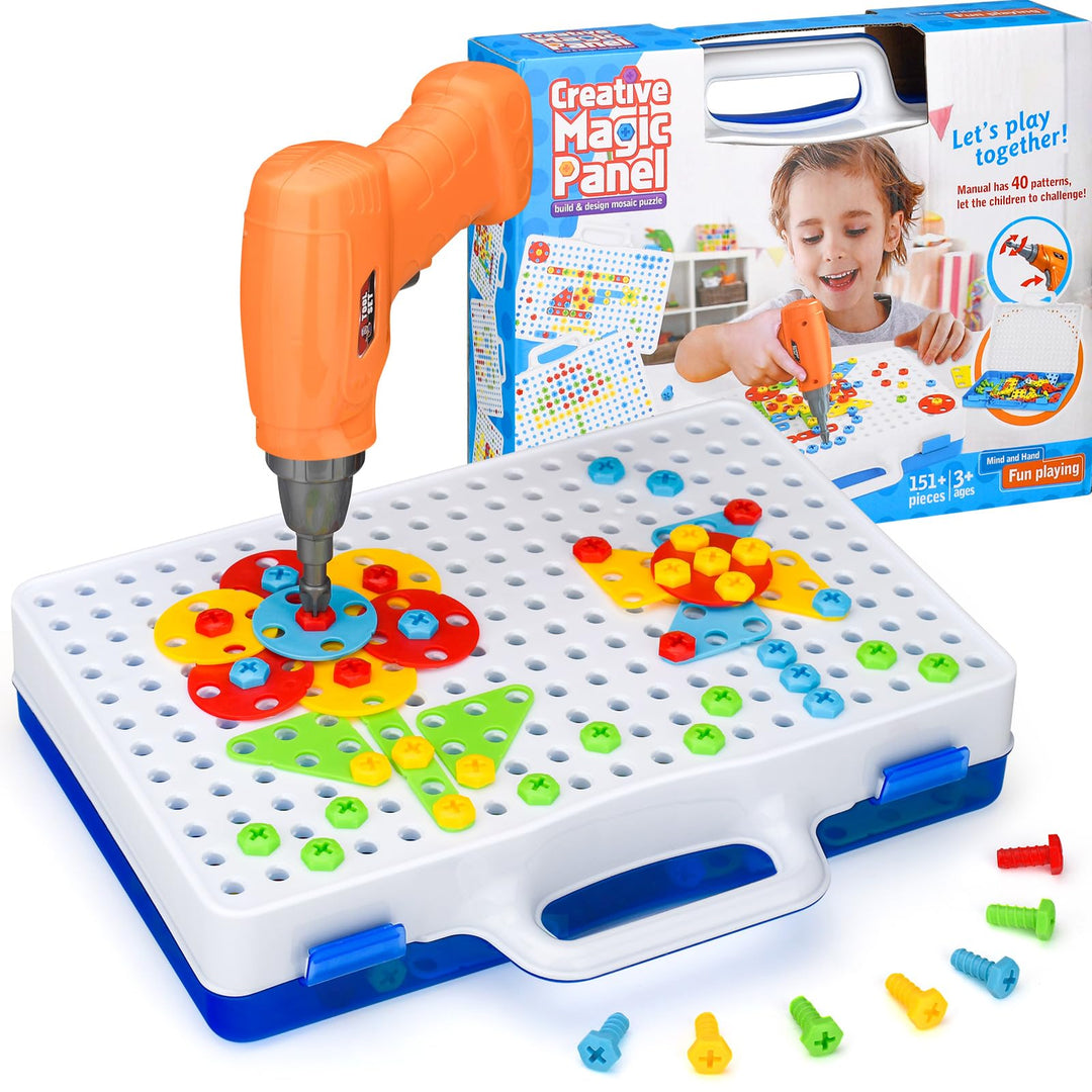 SHAWE Spielzeug ab 3 Jahre Mosaik Steckspiel Werkzeugbox mit Elektrische Spielzeug Bohrmaschine Mont