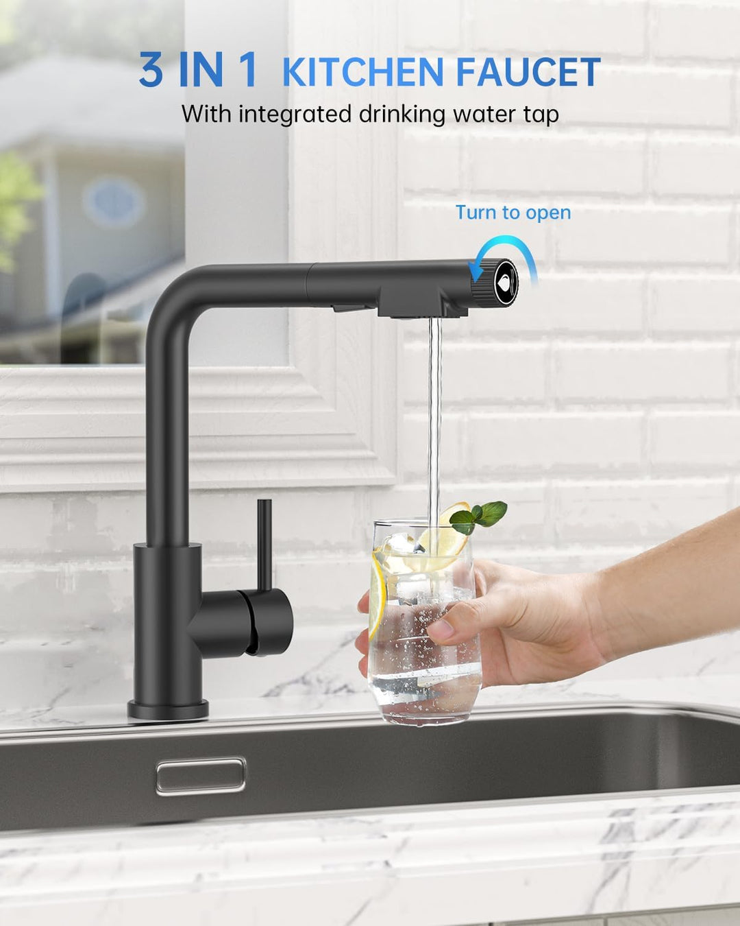 APPASO 3 wege wasserhahn küche Schwarz, küchenarmatur mit ausziehbarer Brause und integriertem Wasse