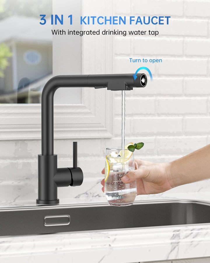 APPASO 3 wege wasserhahn küche Schwarz, küchenarmatur mit ausziehbarer Brause und integriertem Wasse