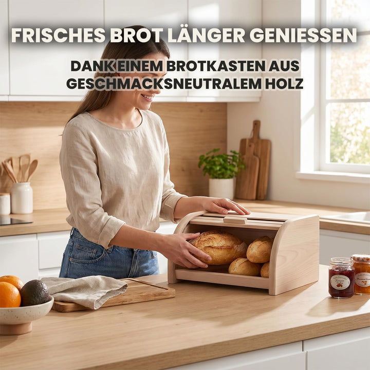 Brotkasten Holz 30,5 x 26 x 15,5 cm - Brotbox aus Buchenholz mit grosser Öffnung und Rolltop, die di