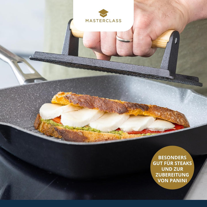 MasterClass Gusseisen Grillpresse, Schweres Steakgewicht mit Holzgriff, Burgerpresse, Zubehör für Gr