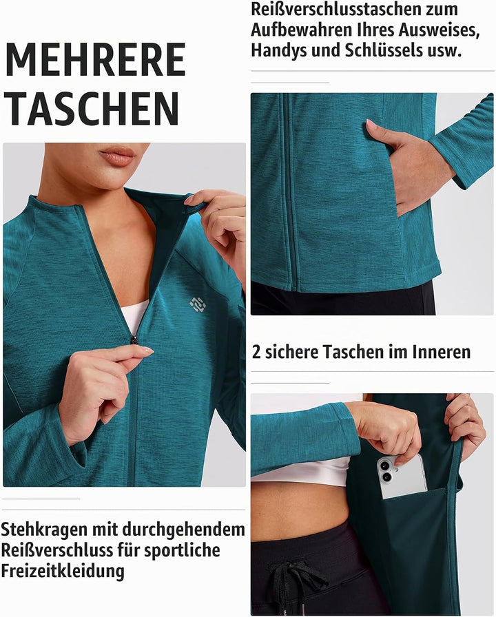 MoFiz Damen Laufjacke Leicht Sportjacke Trainingsjacke Langarm Fitness Wandern Yoga Jacke Atmungsakt