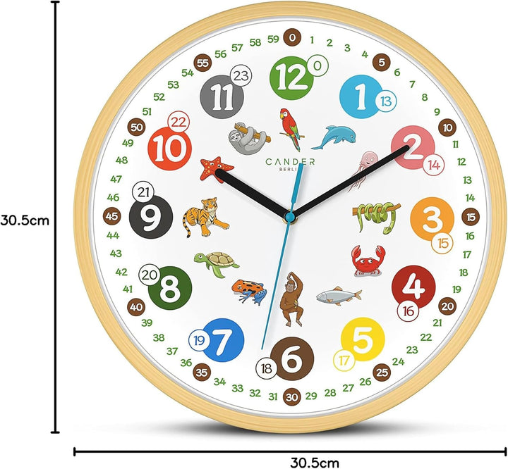 Cander Berlin MNU 2430 T Wanduhr Kinder Holzmotiv 30,5 cm Tiere Lernuhr Holzuhr lautlos geräuschlos
