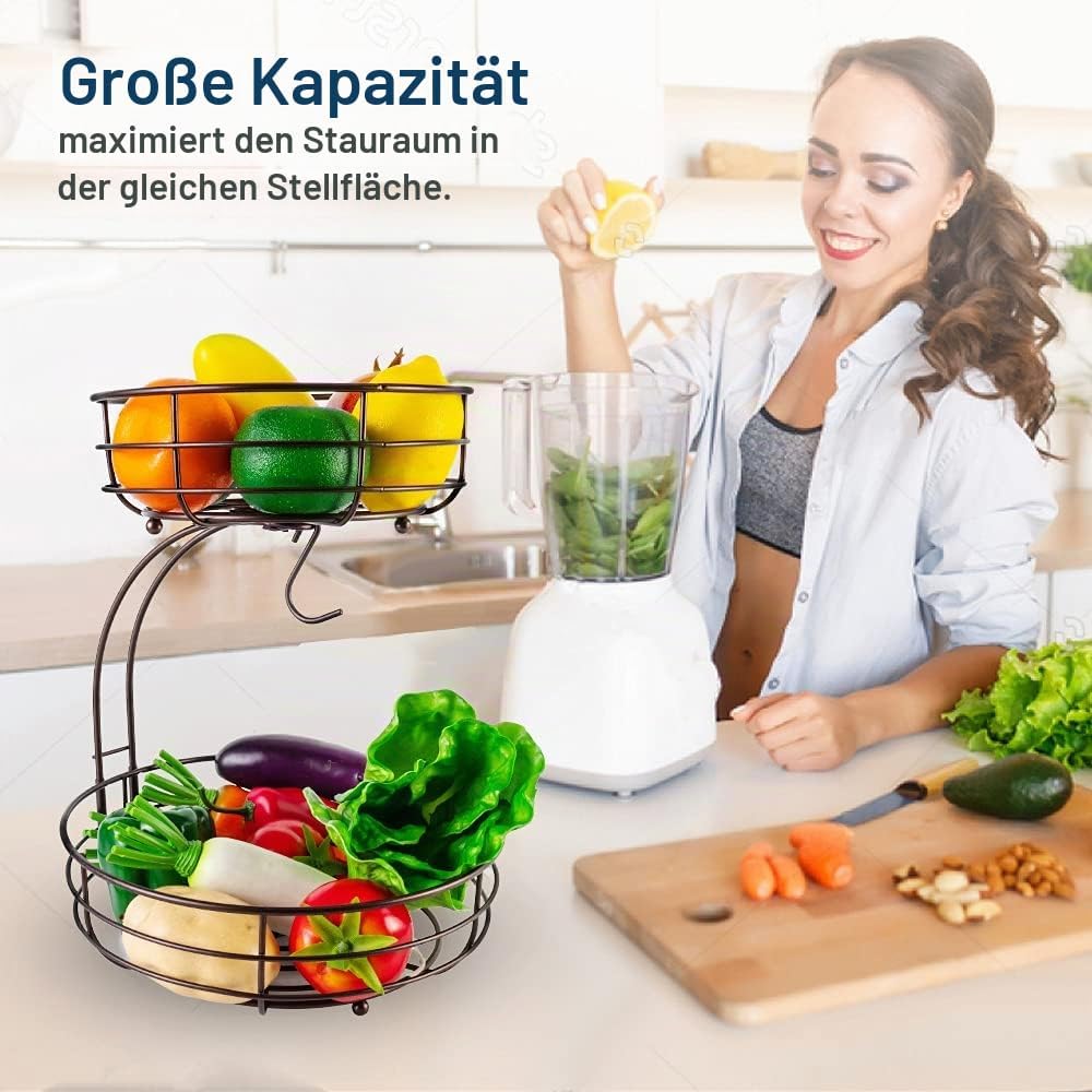 2-stöckiger Obstkorb mit Bananenhalter, Obstschale, Gemüsekorb, aus Metall, stehende tägliche Küchen