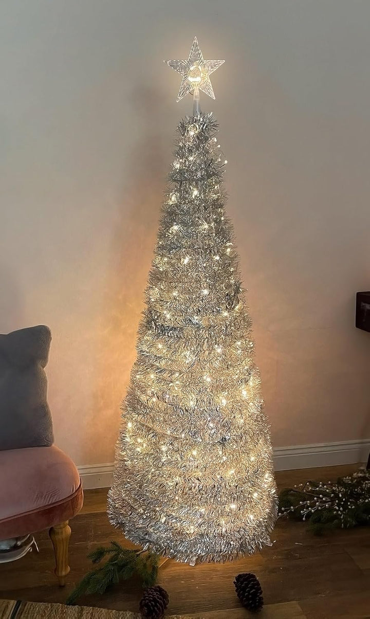 Pop Up Spiral Weihnachtsbaum 150 cm mit 120 LED und Stern Spitze - Silber - Künstlicher Tannenbaum w