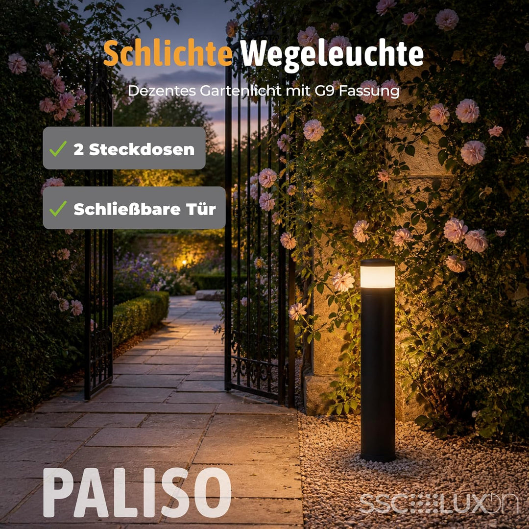 SSC-LUXon PALISO Design Lichtsäule Garten mit 2x Steckdosen für Aussen - Aussenstehlampe Pollerleuch