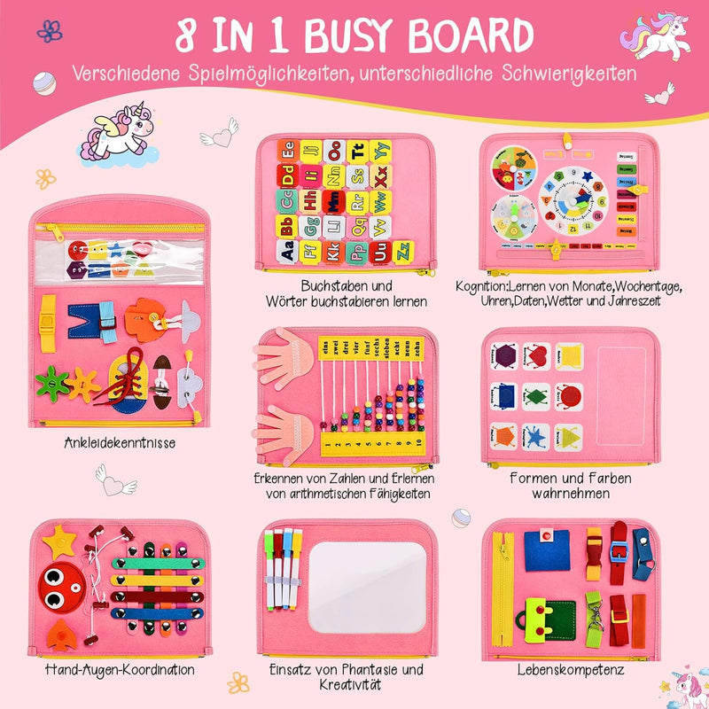 BuzzoXerex Busy Board Deutsch, 8 Seiten in 1 Busy Book, Filz Quiet Book Kleinkinder ab 1 Jahre mit S