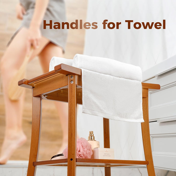 Utoplike Bambus Dusche Bank für Innen, Braun Badezimmer Hocker mit Griffen, Lagerung Regal, Holz Bad