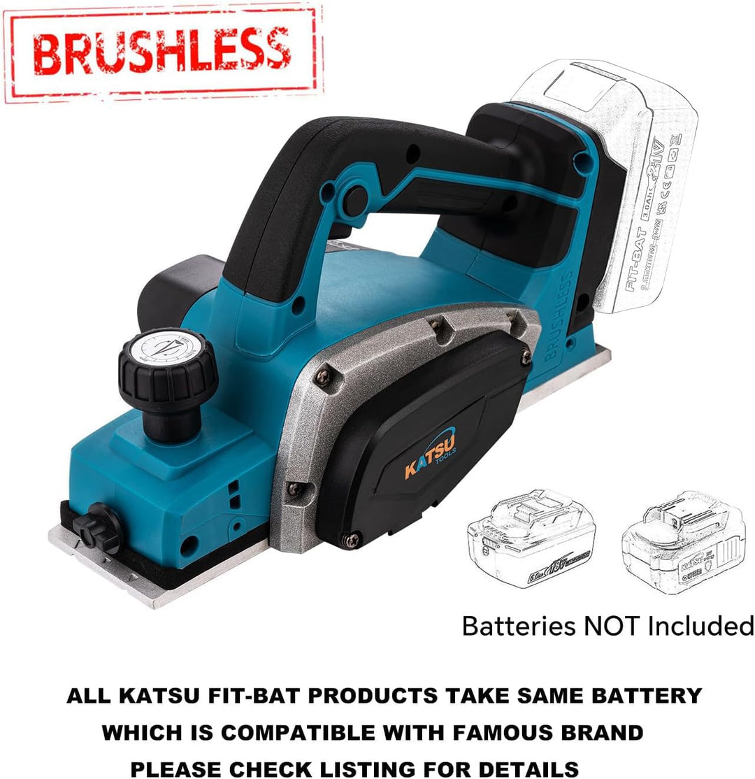 KATSU FIT-BAT Akku-Hobel 21V 82mm, Bürstenlos, 2mm Span, Alu-Sohle mit 3 V-Nuten, Extra Klingen, Ohn