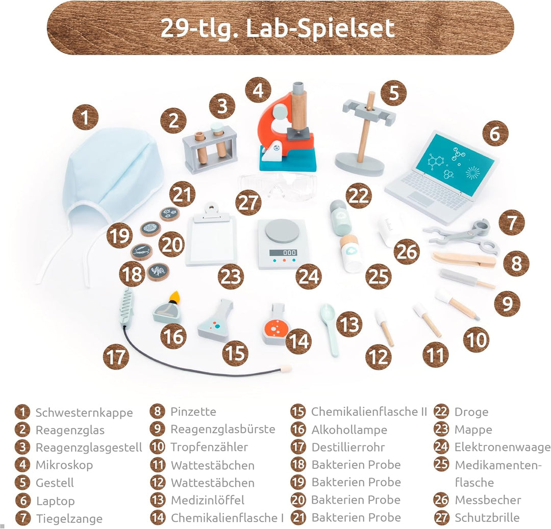 UMU® Kinder Holz Wissenschaftslabor Spielset mit Mikroskop, Reagenzgläsern u. v. m., Doktor Spielzeu