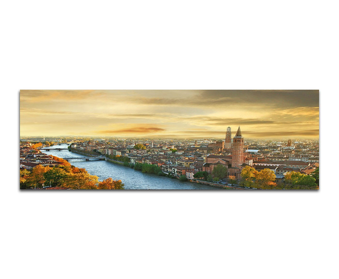 Paul Sinus Art Panoramabild auf Leinwand und Keilrahmen 150x50cm Italien Verona Stadt Fluss Abendlic