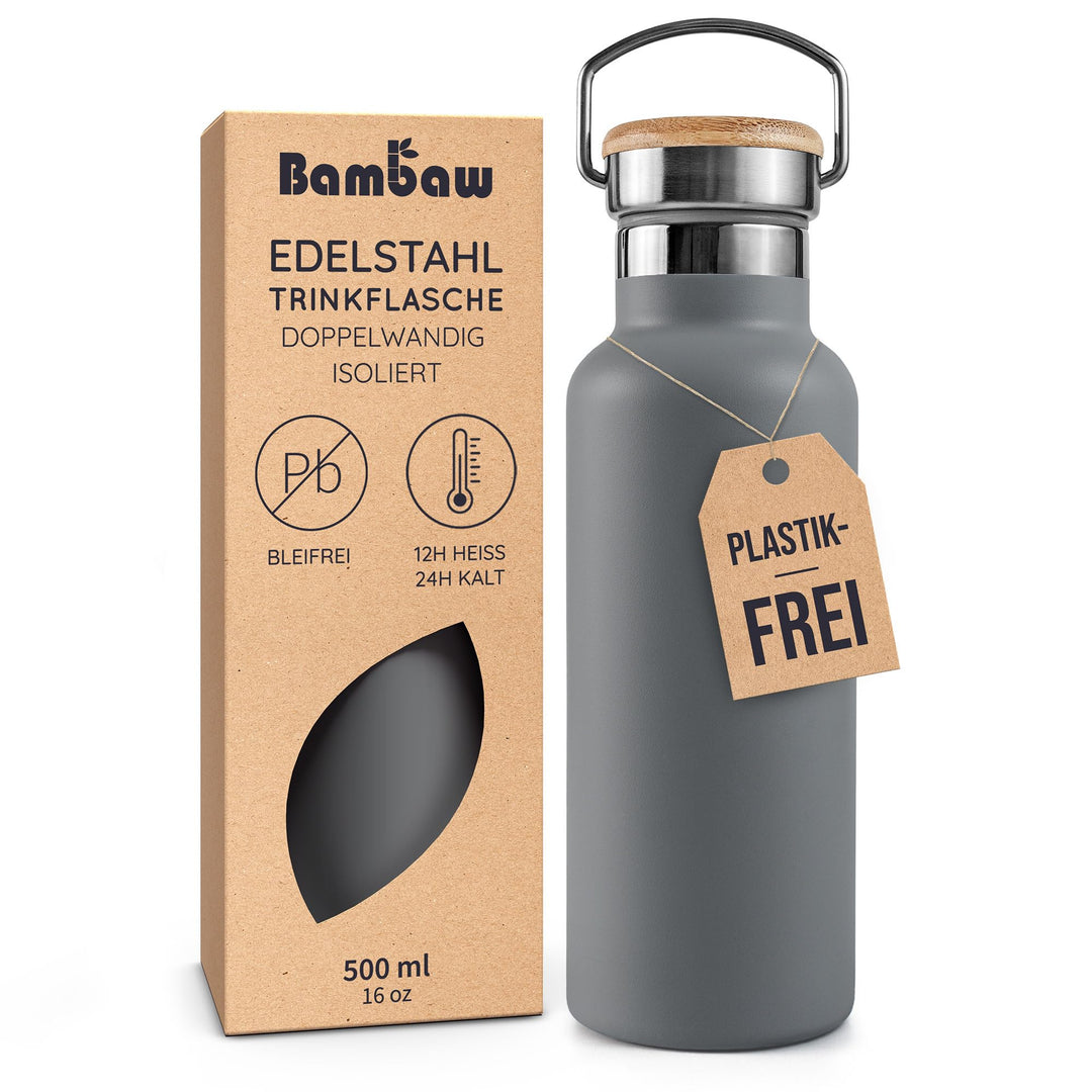 Bambaw Thermosflasche 500ml, Trinkflaschen Grau, Edelstahl Trinkflasche, Thermosflasche Spülmaschien